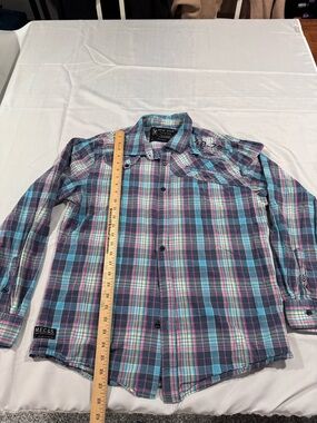 Marc Ecko Cut & Sew . Plaid Button-Down Shirt in Teal, Pink & Navy